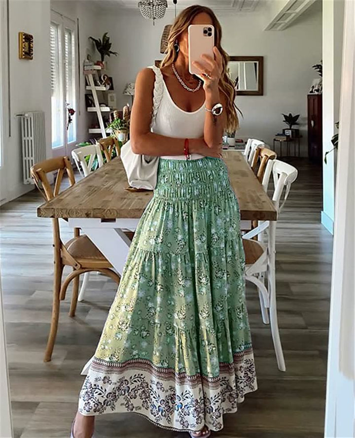 Bohemian maxi skirt with elastic waistlines