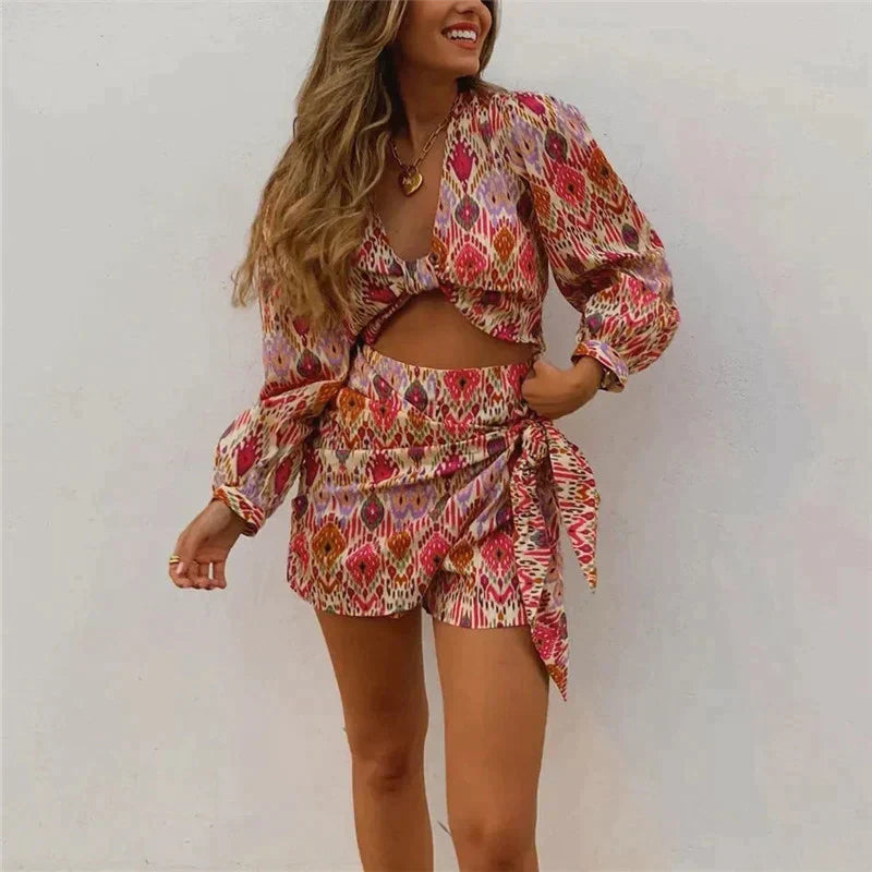 Crop blouse and wrap skirt short set