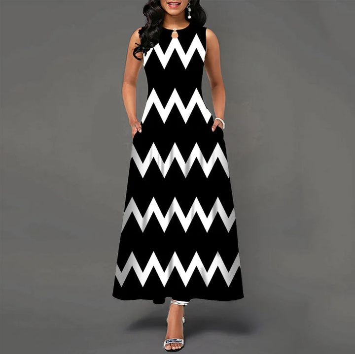 Elegant sleeveless maxi dress with vibrant prints