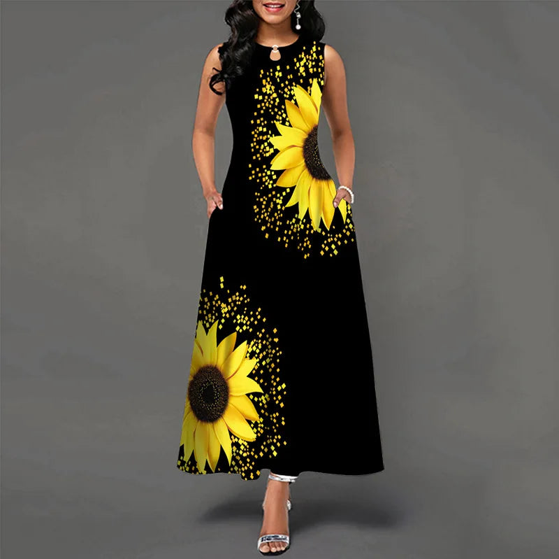 Elegant sleeveless maxi dress with vibrant prints